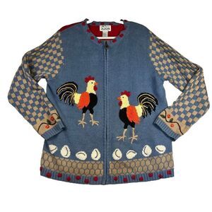 Vintage Quacker Factory Rooster Barn Horse Pig Knit Full Zip Cardigan Sweater L